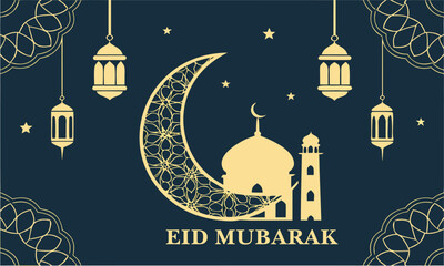 Happy Eid Mubarak poster Islamic Mosque Background. Greeting Card Design for Islamic religion,