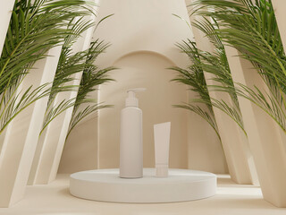 A cosmetic branding mockup with a blank white lotion bottle and a tube on a display stand. A clean,...