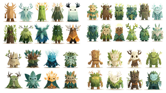 Whimsical illustration set of magical forest creatures with antlers, leaves, and wooden textures. Ideal for fantasy art, game character design, and storytelling.