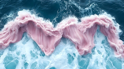 A captivating aerial view of pink algae bloom creating a striking contrast with blue ocean waves