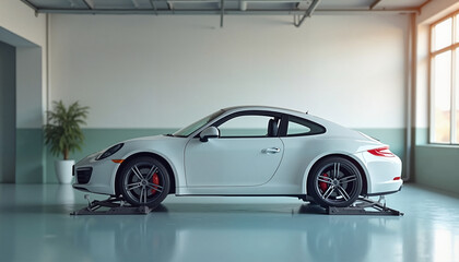 White sports car parked in modern garage with bright windows  