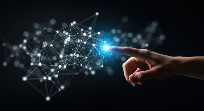 Hand touching a glowing network of interconnected points and lines, representing technology and data