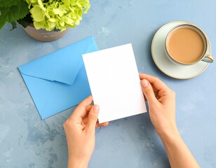 Woman s Hands Holding a Blank Card with Envelope and Coffee