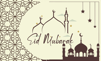 Happy Eid Mubarak poster Islamic Mosque Background. Greeting Card Design for Islamic religion,