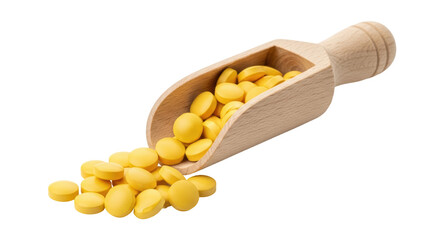 Isolated vitamin pills in wooden scoop