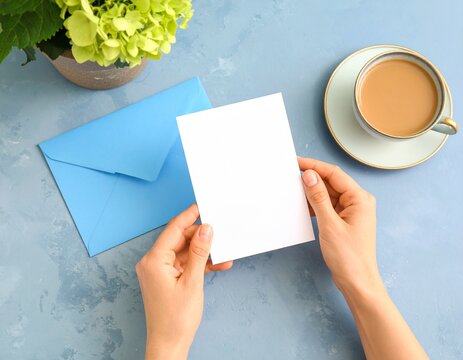 Woman s Hands Holding a Blank Card with Envelope and Coffee