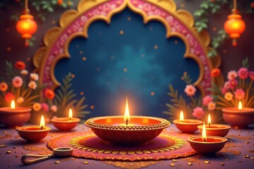 Diwali festival of lights with traditional oil lamps and floral decorations