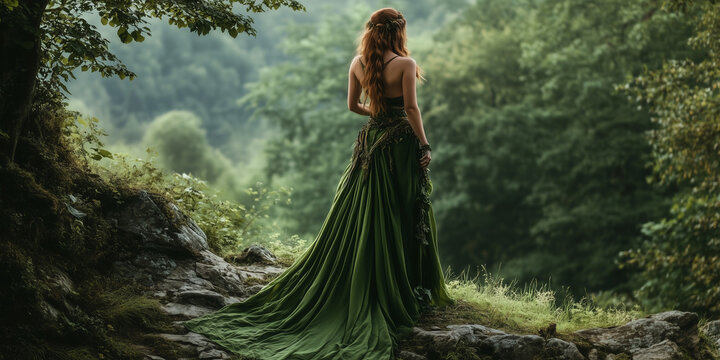 Back view of a woman with long hair and green dress gown walking a forest path, beautiful elf in elven style, princess or queen vintage medieval magic fantasy cosplay