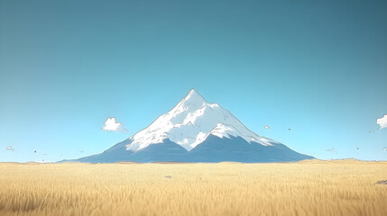 Fototapeta premium A serene vista featuring a snow capped mountain under a clear blue sky with golden fields below