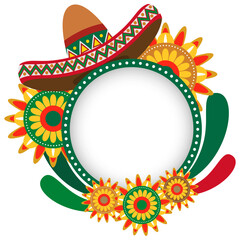Mexican Sombrero Frame with Colorful Sunflowers and Folk Art Pattern. Fiesta and festival vector illustration