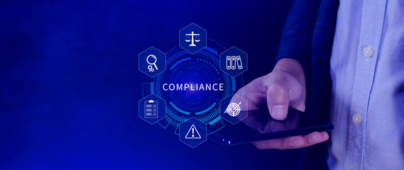 Compliance. Compliance concept with icons and text. Regulations, law, standards, requirements,...