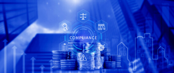 Compliance. Compliance concept with icons and text. Regulations, law, standards, requirements,...