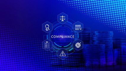 Compliance. Compliance concept with icons and text. Regulations, law, standards, requirements,...