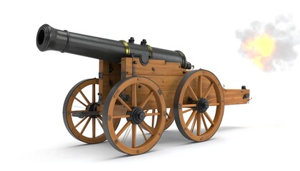 Fototapeta premium Wooden cannon with black barrel firing on a white background.