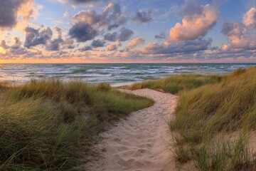 Scenic Path Through Sandy Dunes: A Serene Stroll Along the Michigan Beach at Sunset