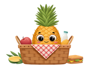 Cute cartoon pineapple character in a picnic basket isolated on transparent background