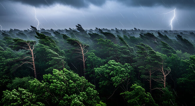 A forest of trees bending in the wind with lightning strikes in the background during a storm weather ai generated