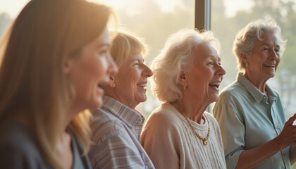 Elderly women smiling together while sitting by large window indoors  