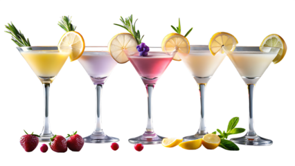 A selection of colorful cocktails garnished with fruit and herbs, isolated on a transparent background