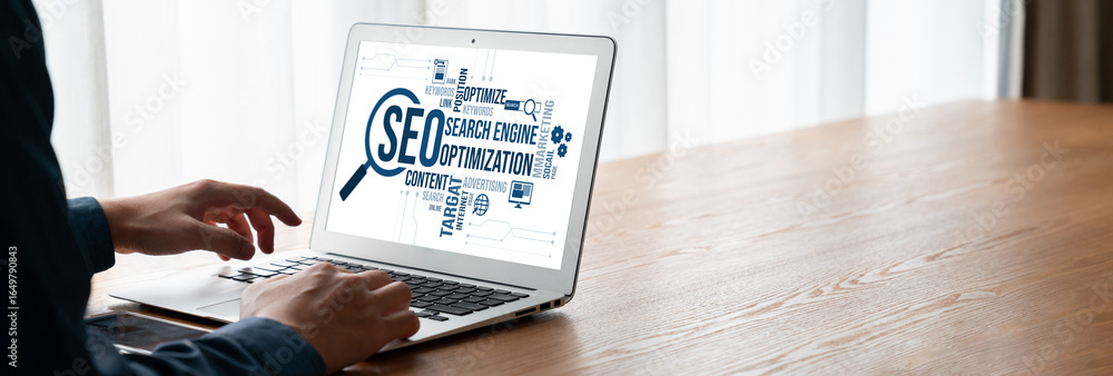 Poster seo search engine optimization for modish e-commerce and online retail business showing on computer 