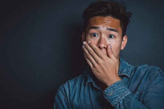 Fearful Asian Man Covering His Mouth, Expressing Shock and Emotion in a Moment of Surprise