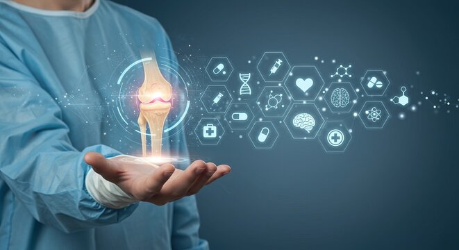 Medical technology illustrating human anatomy, knee joint, and healthcare icons in a digital interface