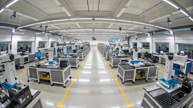 Modern workspace featuring robotics and automation technology, showcasing cobots and engineering tools designed for efficiency and innovation