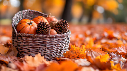A basket filled with pumpkins and pine cones in a field of autumn leaves on a fall day scene