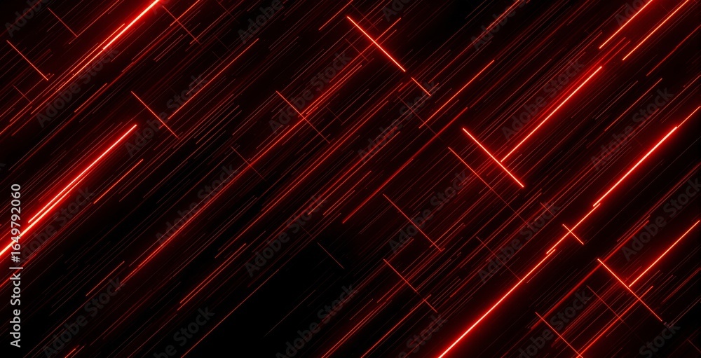 Poster futuristic red glowing lines diagonally streaking across a dark background in digital abstract style