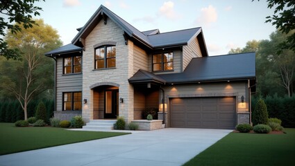 A modern farmhouse-style home with a stone facade.