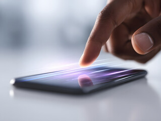 Dark-skinned hand touching glowing smartphone screen