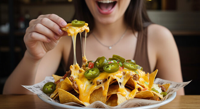 Influencer sampling loaded nachos with melted cheese and jalape&ntilde;os