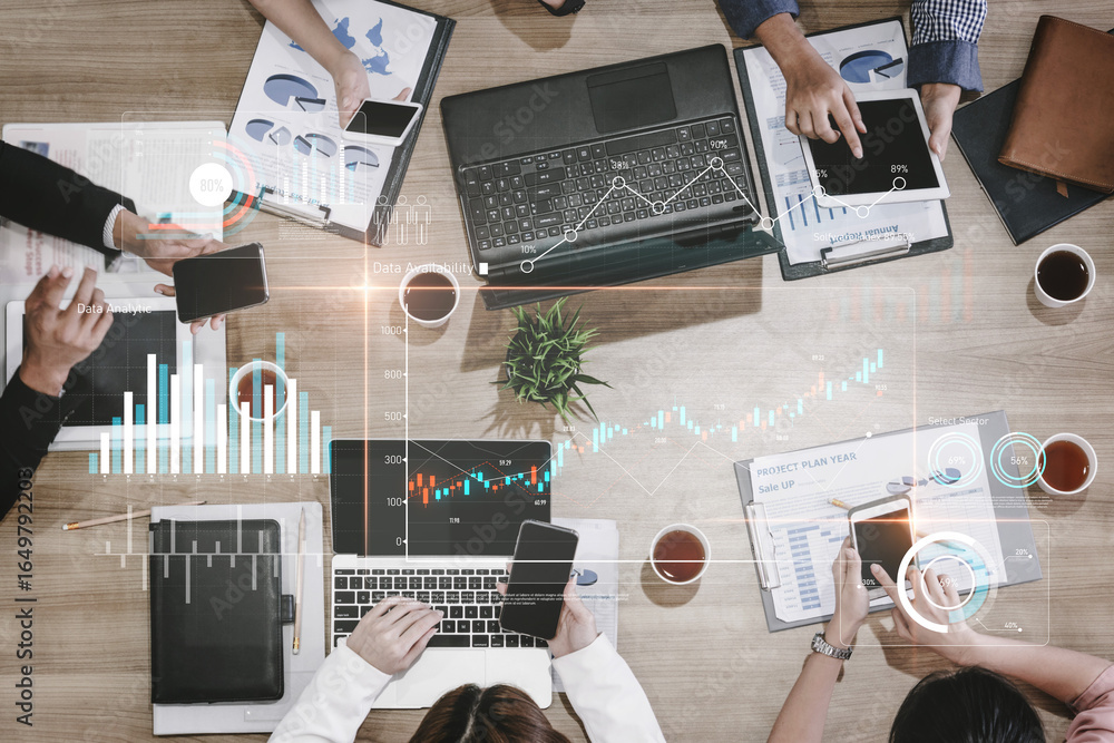 Poster data analytics dashboard with charts, indicators, and performance metrics, reveals trends, data anal