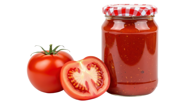 Isolated Tomato and Jar of Tomato Sauce