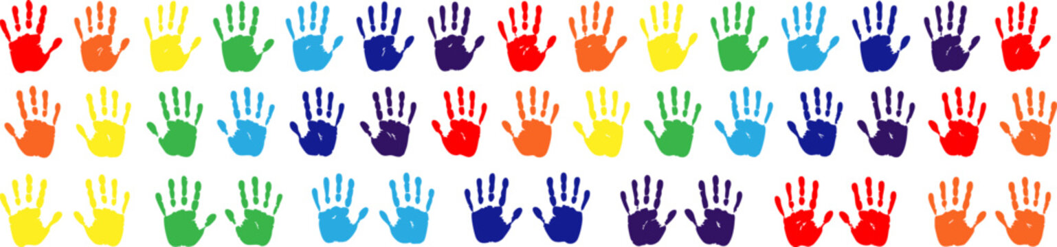 Colorful rainbow handprint pattern. Perfect for kids&rsquo; designs, creative backgrounds, and playful decor