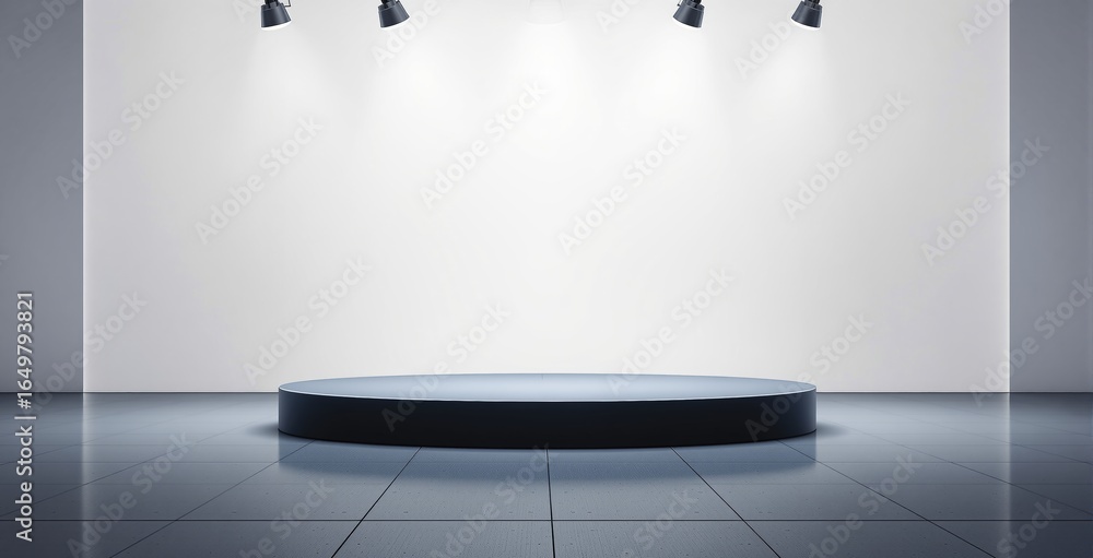 Poster minimalist round podium under spotlights in white room for product display or presentation concept m