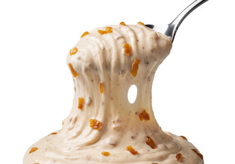 Luscious, creamy, viscous french onion dip with caramelized onions, stretching dynamically from a sleek silver spoon against a transparent studio background, appetizing food concept