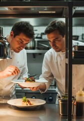 Two male chefs plating gourmet food in professional kitchen.