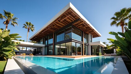 Fototapeta premium Modern luxury villa with infinity pool and tropical gardens
