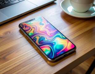 Vibrant Smartphone on Wooden Desk (AI Generated)