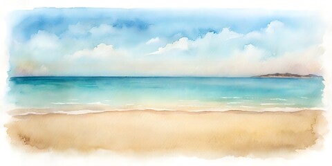 Obraz premium A serene watercolor painting of a tranquil beach scene with calm turquoise ocean water, soft clouds in a blue sky, and a sandy shore, evoking a sense of peace and summer vacation