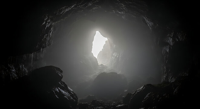 A dark cave with a bright opening at the end revealing a misty and rocky landscape outside the cave ai generated