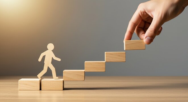 Close-up of a leader's hand building a staircase of wooden blocks, helping a person ascend. A concept of mentorship, career development, and business support.