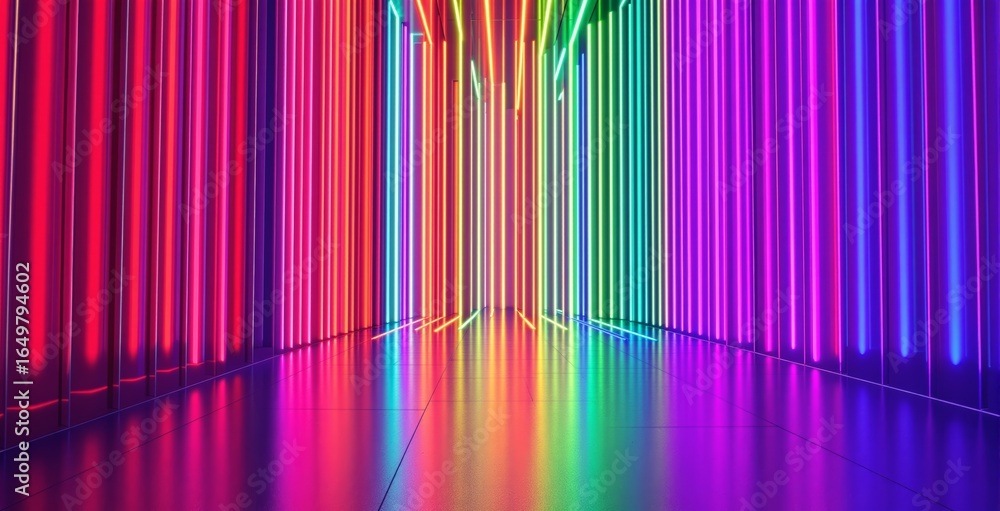 Aufkleber futuristic hallway with multicolor neon light bars and glowing reflections on floor in symmetrical a