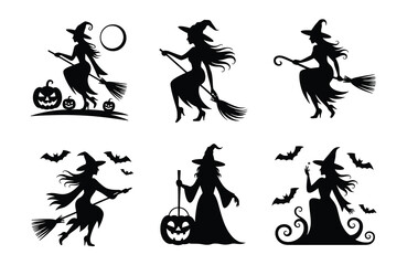 Halloween witch silhouettes with bats and pumpkins and moon