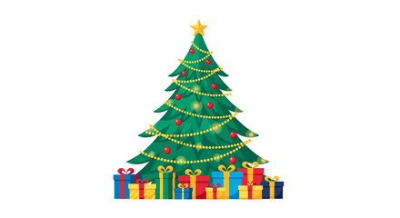 A decorated Christmas tree stands tall, adorned with ornaments and lights, surrounded by a pile of colorful presents at its base.