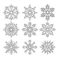 Set of Nine Black Outline Snowflakes winter cold