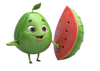 Cute cartoon green fruit character with a slice of watermelon isolated on transparent background