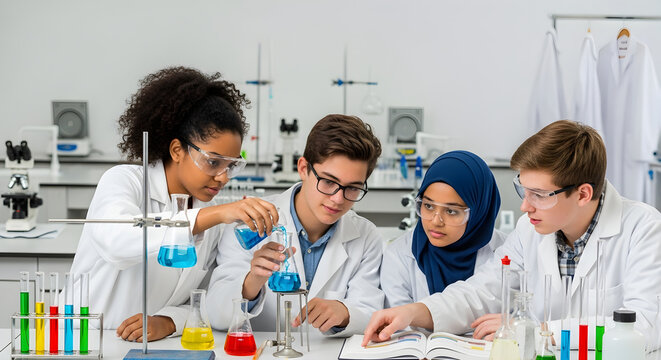 Four diverse students conduct chemistry experiment in lab