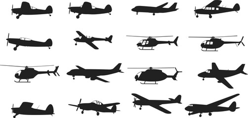 Airplane and helicopter silhouette collection – aviation vector set of aircraft clipart for flight, travel, transportation, or military designs